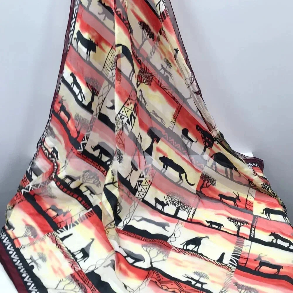 VTG Serengeti Safari Scarf Satin African Animals Sunset Afrocentric Large Square